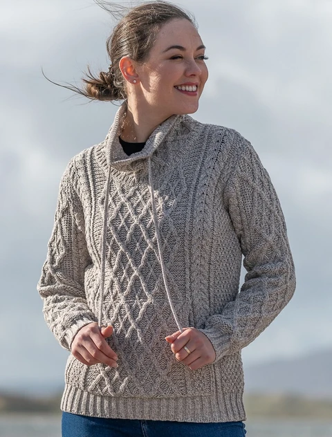 Ladies Drawstring Super Soft Sweater With Pouch Pocket - Toasted Oat