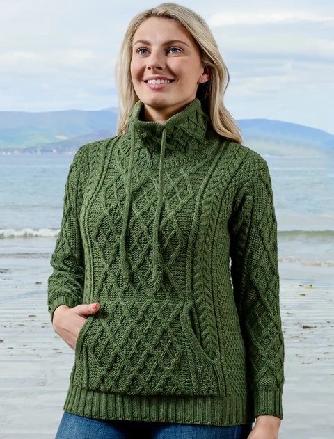 Ladies Drawstring Super Soft Sweater With Pouch Pocket - Meadow Green