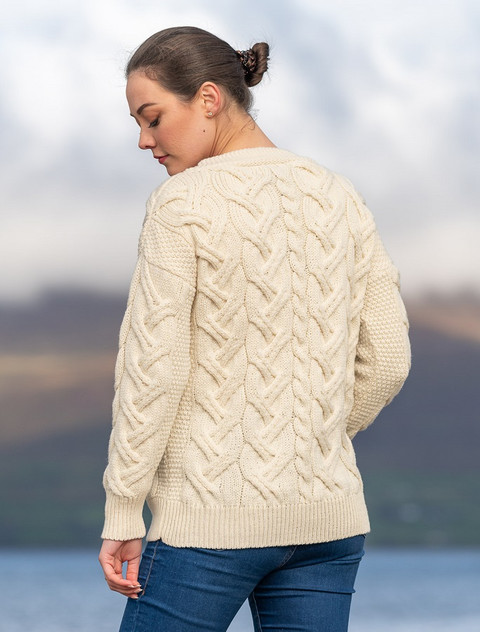 Super Soft V- Neck Chunky Cable Knit Cardigan - Classic Aran back