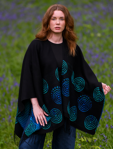 Fringed Celtic Spiral Shawl - Black & Turquoise 