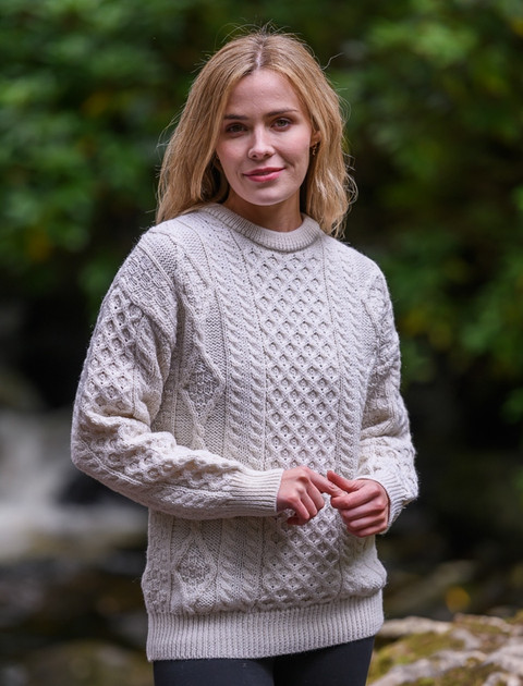 Cable Knit Crew Neck Aran Wool Sweater -  Natural White