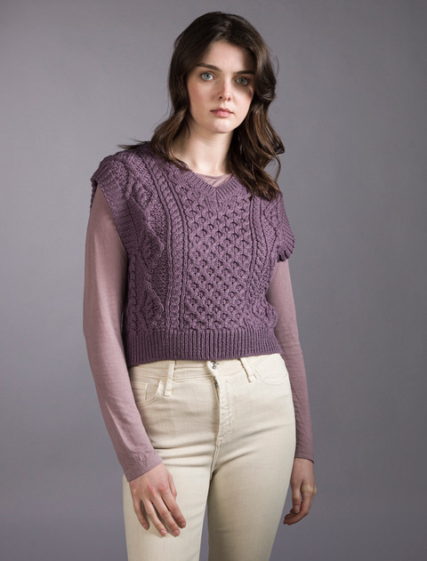 Ladies Cropped V-Neck Aran Sweater Vest - Warm Lavender