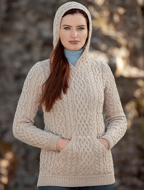 Ladies Aran Kangaroo Hoodie - Oatmeal