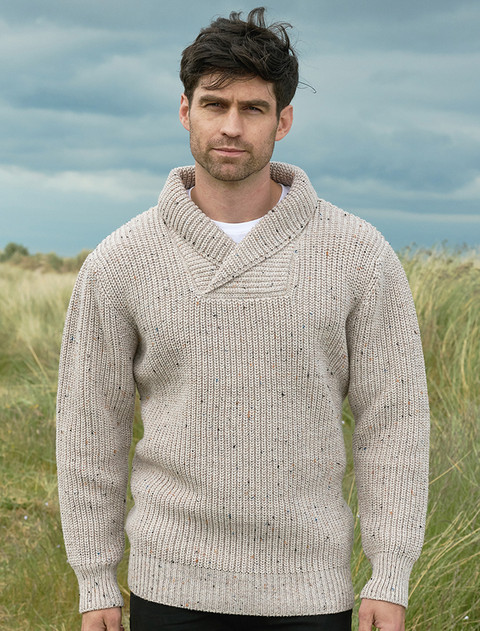  Fisherman Shawl Neck Sweater- Oatmeal