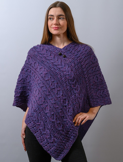 Aran Cable Wool Poncho - Heather