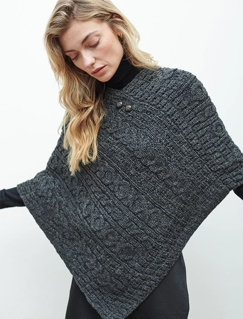 Aran Cable Wool Poncho - Charcoal