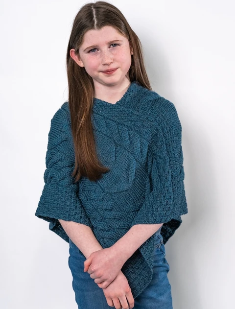 Kid's Super Soft Merino Cable Knit Aran Poncho - Irish Sea