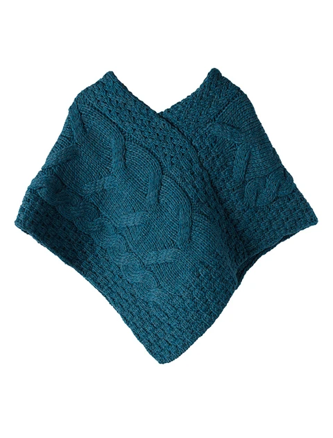 Kid's Super Soft Merino Cable Knit Aran Poncho - Irish Sea
