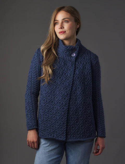 Women's Two Button Aran Cardigan - Blue Marl