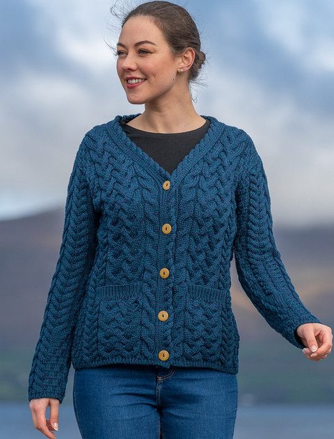 Super Soft V-Neck Button Up Cable Knit Cardigan - Atlantic