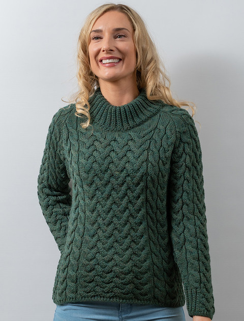 Women's Aran Cable Crew Neck Sweater -  Connemara Green