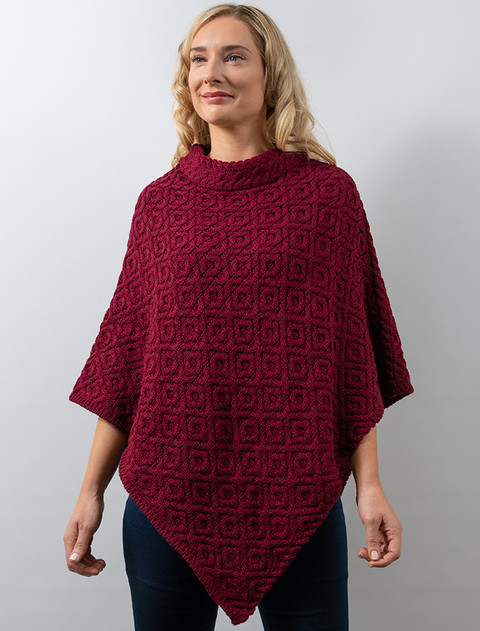 Hawthorn Pattern Aran Poncho - Claret