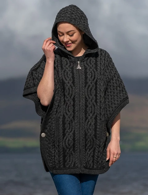 Hooded Batwing Jacket with Celtic Knot Zipper Pull - Charcoal Mix