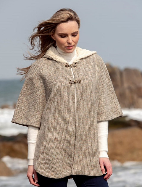 Ladies Tweed Cape with Aran Collar- Natural