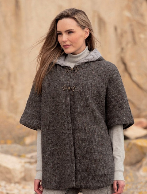 Ladies Tweed Cape with Aran Collar- Charcoal