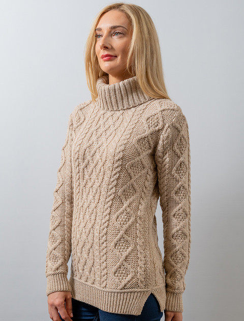 Aran Polo Neck Cable Sweater - Parsnip