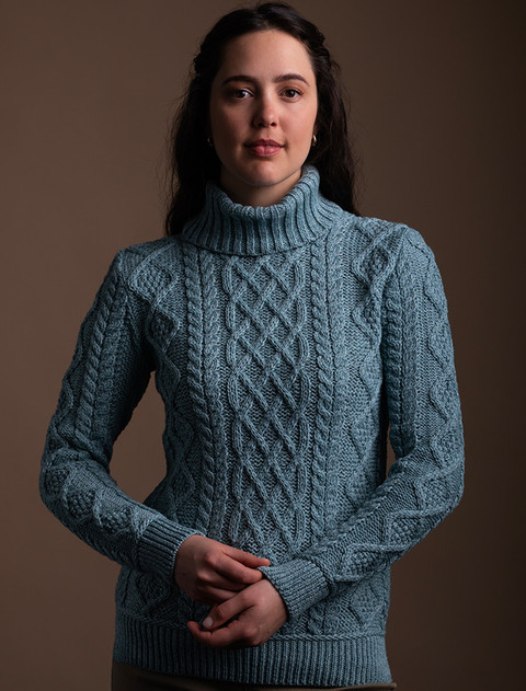 Aran Polo Neck Cable Sweater - Mermaid