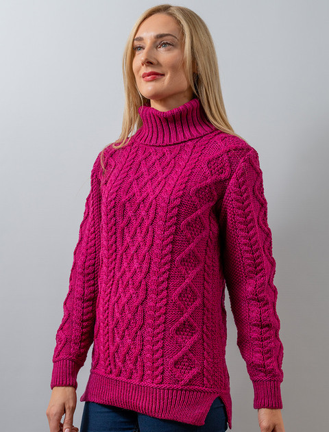 Aran Polo Neck Cable Sweater - Raspberry