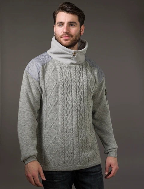 Men's Aran Diamond Draw-String Sweater - Grey