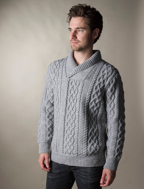 Men's Shawl Collar Aran Sweater - Grey