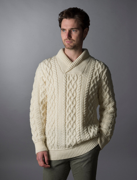 Men's Shawl Collar Aran Sweater - White