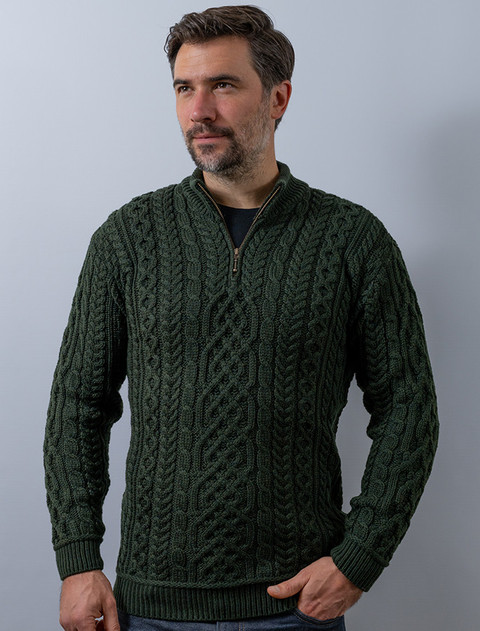 Mens Super Soft Half Zip Aran Troyer - Seaweed Green