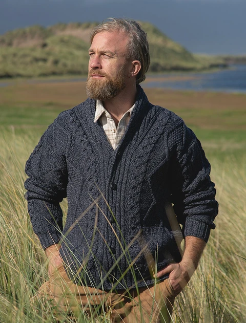 Men's Shawl Neck Cardigan - Merino Wool - Cormorant Blue