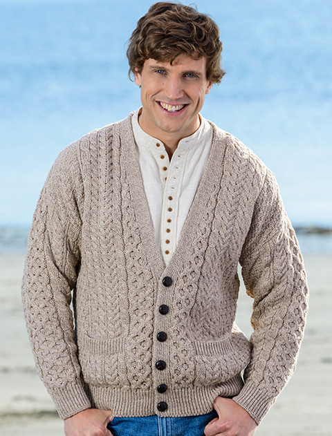 Merino Wool Aran Men's V-Neck Cardigan - Wicker