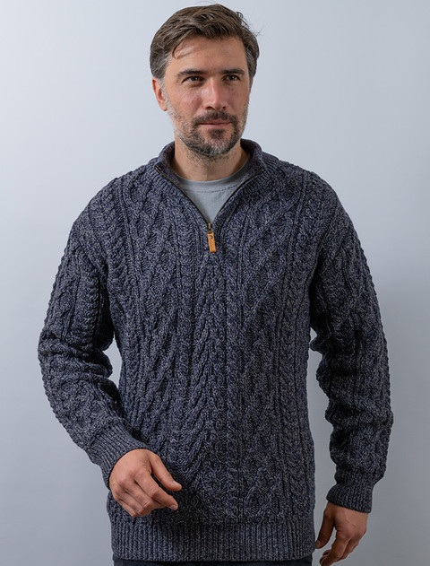 Zip-Neck Aran Sweater - Cormorant