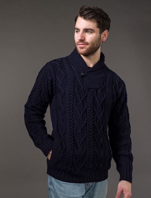 Shawl Collar Sweater - One Button Fisherman Sweater - Navy