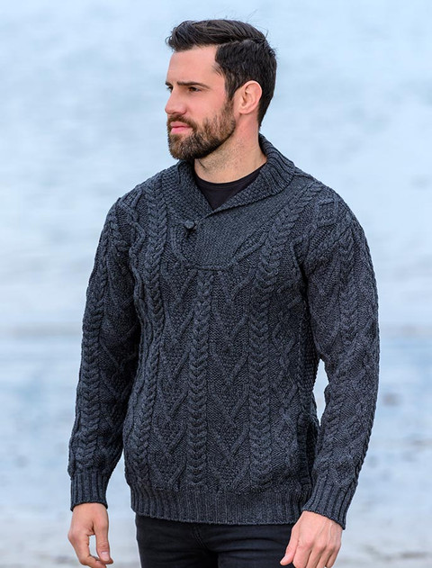 Shawl Collar Sweater - One Button Fisherman Sweater - Charcoal