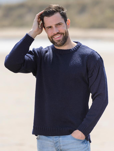 Mens Crew Neck Guernsey Sweater - Navy