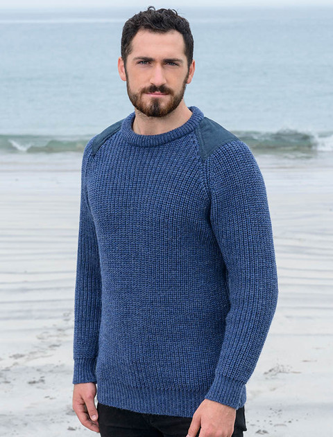 Irish Fishermans Ribbed Sweater with Patches - color: Caspian; type: Hero, Front, Primary
