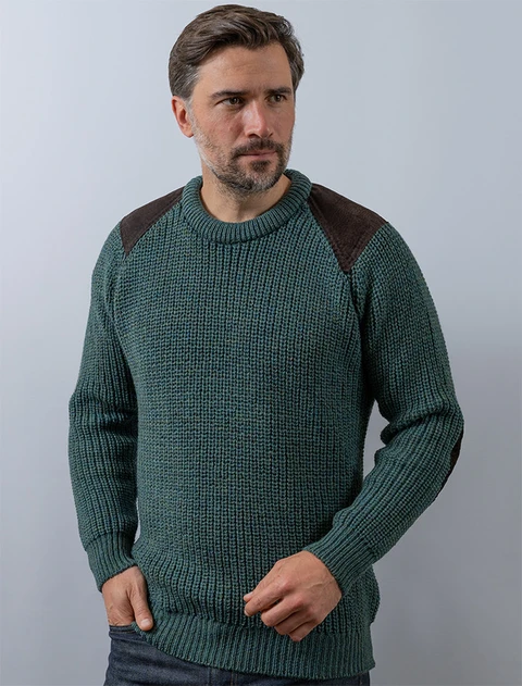 Irish Fishermans Ribbed Sweater with Patches - Moss
