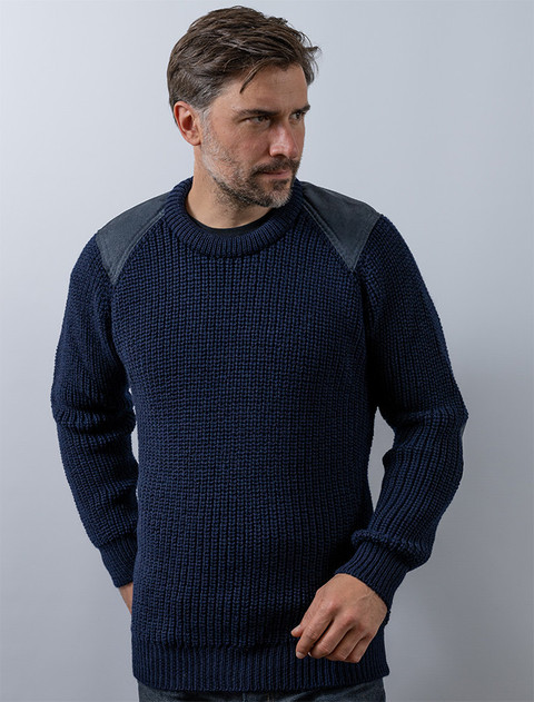 Irish Fishermans Ribbed Sweater with Patches - Navy