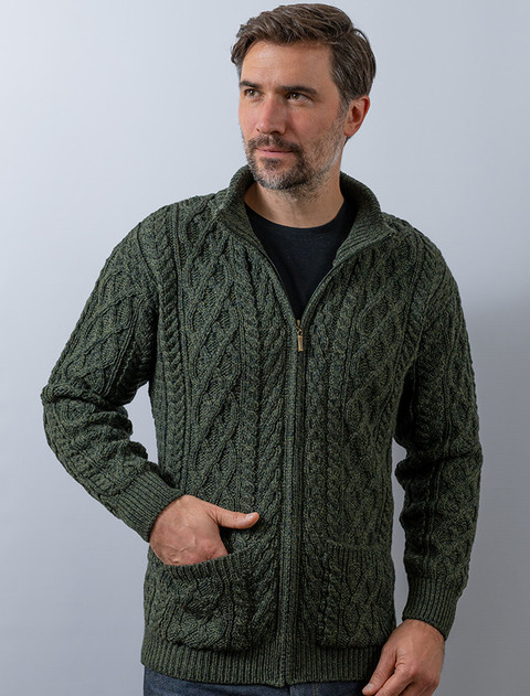 Diamond and Cable Knit Zip Cardigan with Pockets - Army Green