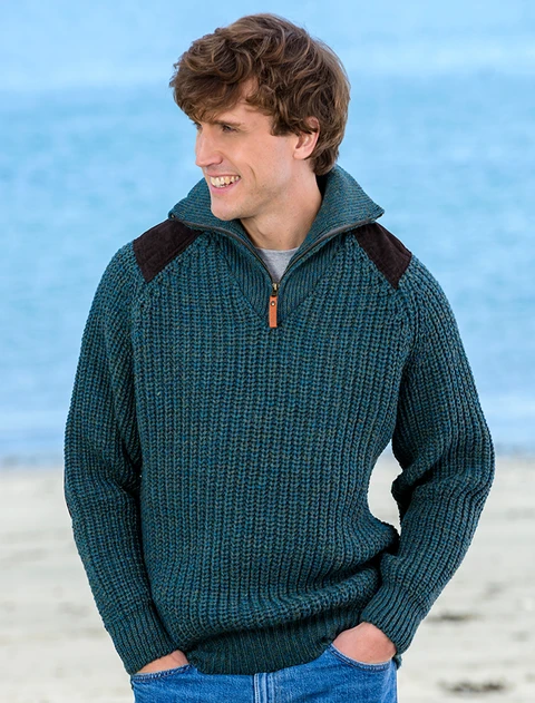 Fisherman's Half Zip Sweater with Patches - Moss