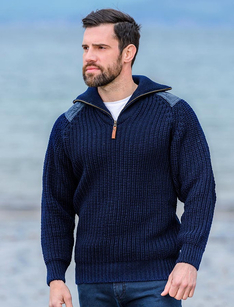 Fisherman's Half Zip Sweater with Patches - Navy