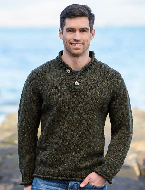 Men's Donegal Tweed 2 Button Sweater - Forest