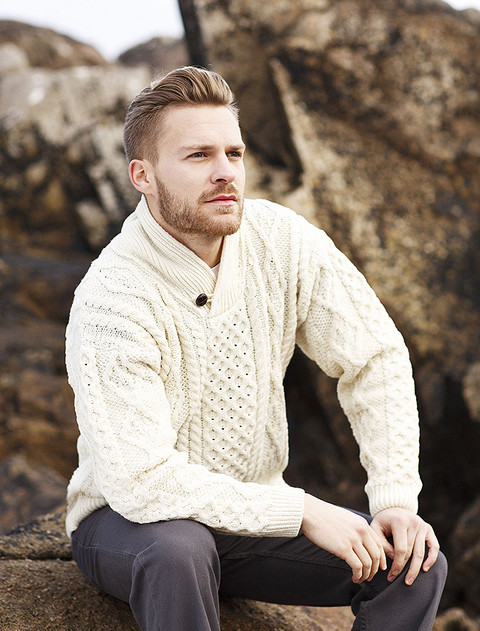 Shawl Neck Honeycomb Sweater - Natural White