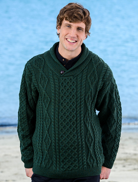 Shawl Neck Honeycomb Sweater - Army