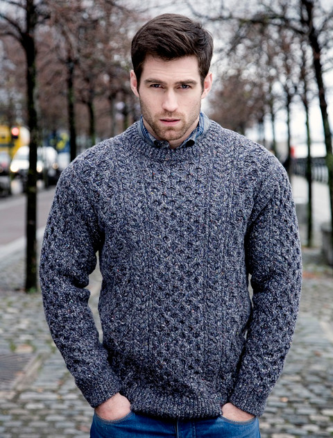 Wool Cashmere Aran Sweater - Navy Marl
