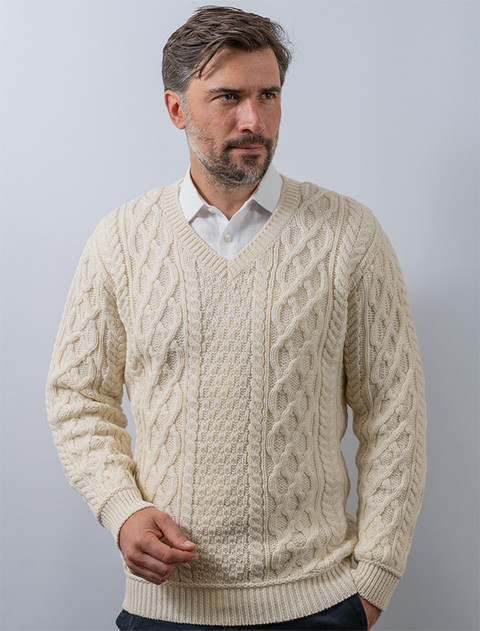 Merino V-Neck Aran Sweater - Natural White