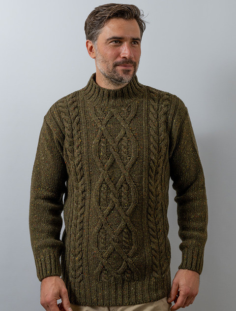 Wool Cashmere Aran Mock Turtleneck Sweater - Loden
