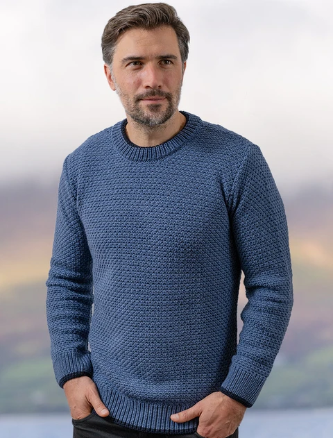 Merino Textured Crew Neck Sweater - Blue Steel