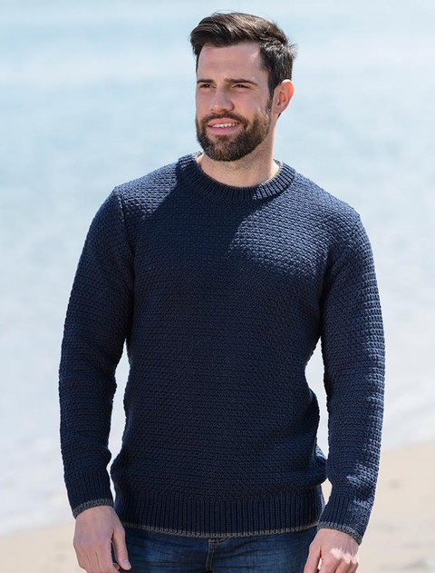 Merino Textured Crew Neck Sweater - Navy