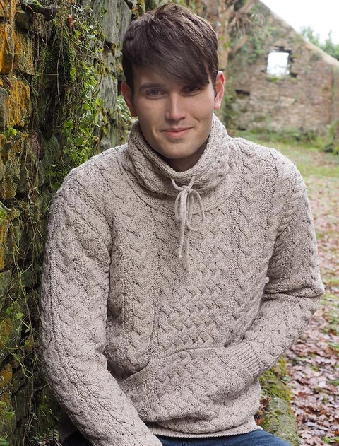 Men's Cowl Neck Aran Sweater - Oatmeal