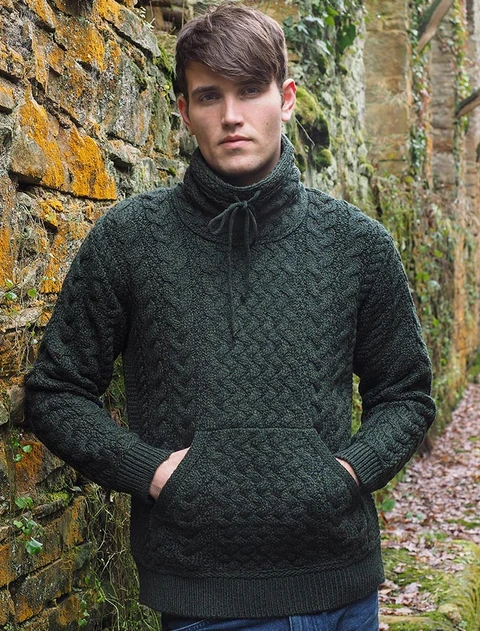 Men's Cowl Neck Aran Sweater - Army Green