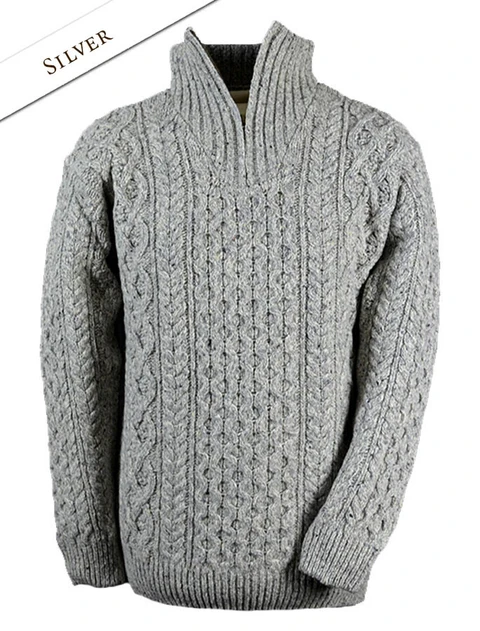 Wool Cashmere Aran Troyer Sweater - Silver