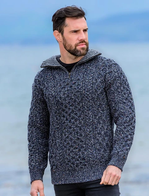 Wool Cashmere Aran Troyer Sweater - Navy Marl